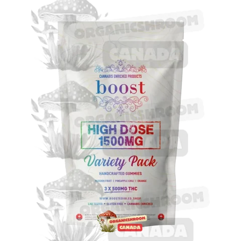 Elevate your cannabis experience with Boost High-Dose THC Gummy Variety Pack 1500mg, available at Organic Shroom Canada, a perfect place to buy Boost Edibles, Boost THC Gummies, Cannabis Gummies & vape cartridges.