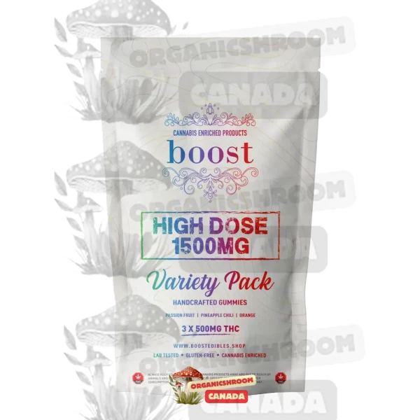 Elevate your cannabis experience with Boost High-Dose THC Gummy Variety Pack 1500mg, available at Organic Shroom Canada, a perfect place to buy Boost Edibles, Boost THC Gummies, Cannabis Gummies & vape cartridges.
