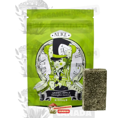 Delight in the tangy sweetness of Alice Psilocybin Mushroom Green Apple Gummy, available at Organic Shroom Canada, #1 magic mushroom dispensary to buy penis envy mushrooms.