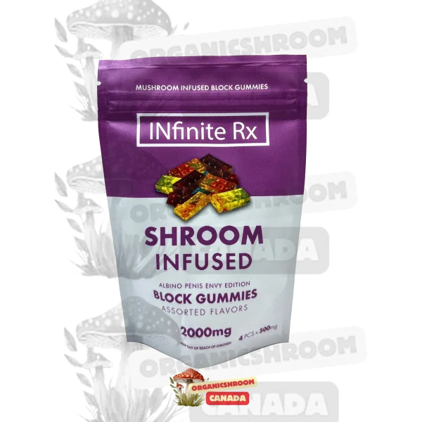 Elevate your psychedelic experience with our Infinite RX Shroom-Infused Albino Penis Envy Edition Block Gummies, available for purchase online at Organic Shroom Canada, best place to buy shrooms online in Canada.