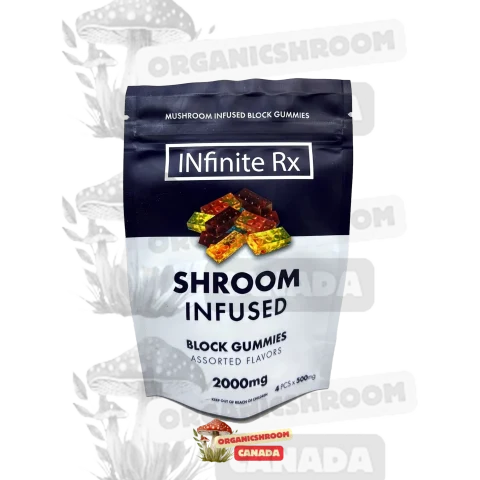 Indulge in the ultimate psychedelic experience with our Infinite RX Shroom-Infused Block Gummies, available at Organic Shroom Canada, your top destination for magic mushrooms online.