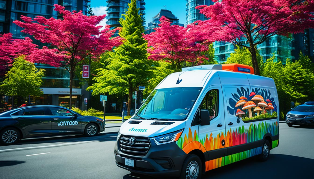 A vibrant cityscape with Oshawa's iconic landmarks in the background and a sleek delivery vehicle in the forefront. The vehicle is adorned with psychedelic colours and is surrounded by lush greenery, signifying the natural origin of the magic mushrooms. The image showcases a seamless and secure transaction between the delivery person and the happy customer, with both parties wearing masks to ensure safety. An overall feeling of reliability, convenience, and trustworthiness should be conveyed through the image.